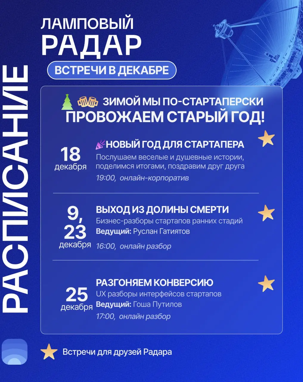 ⚡️ Декабрь – календарь мероприятий сообщества Product Radar
🖥 Онлайн-встречи для Друзей
🌲🎉«Провожаем старый год!»
🔴18 декабря, 19:00 (МСК)
Лампово проводим 2025 год в дружеской атмосфере сообщества ст... | Сетка — социальная сеть от hh.ru