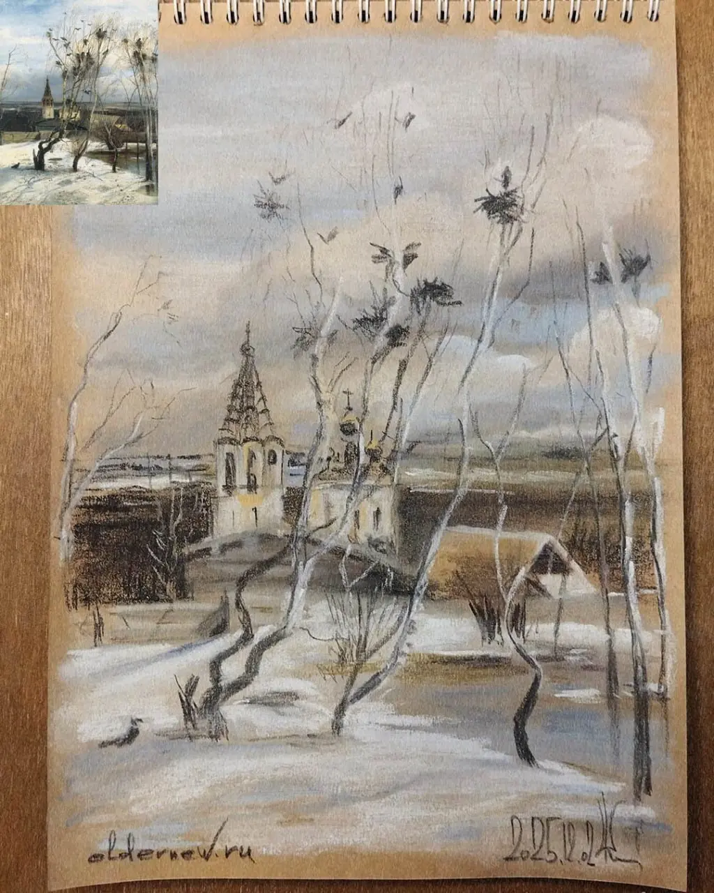 марафон «Рисуем каждый день» 7.0: Копии мастеров
Алексей Саврасов. «Грачи прилетели». Холст, масло, 62×48,5 см. 1871 г.
Копия — сухая пастель (в мелках и в монолитных карандашах) по крафту А4.
 | Сетка — социальная сеть от hh.ru