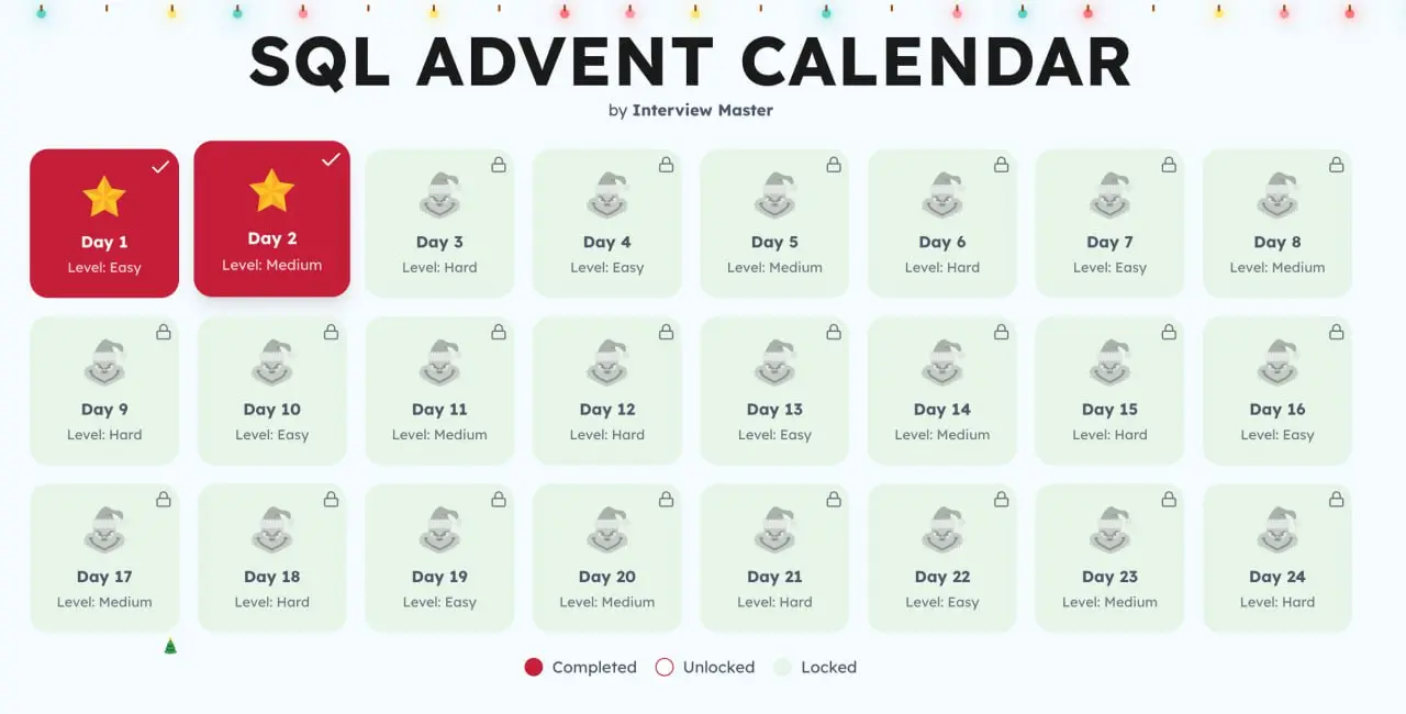 🎄 SQL ADVENT CALENDAR
https://www.interviewmaster.ai/advent/home
Показали мне этот сайт, решил потыкаться, понравилось. Не хватает еще камина и подарков 👀
Закрыл два дня, жду 17:00 | Сетка — социальная сеть от hh.ru
