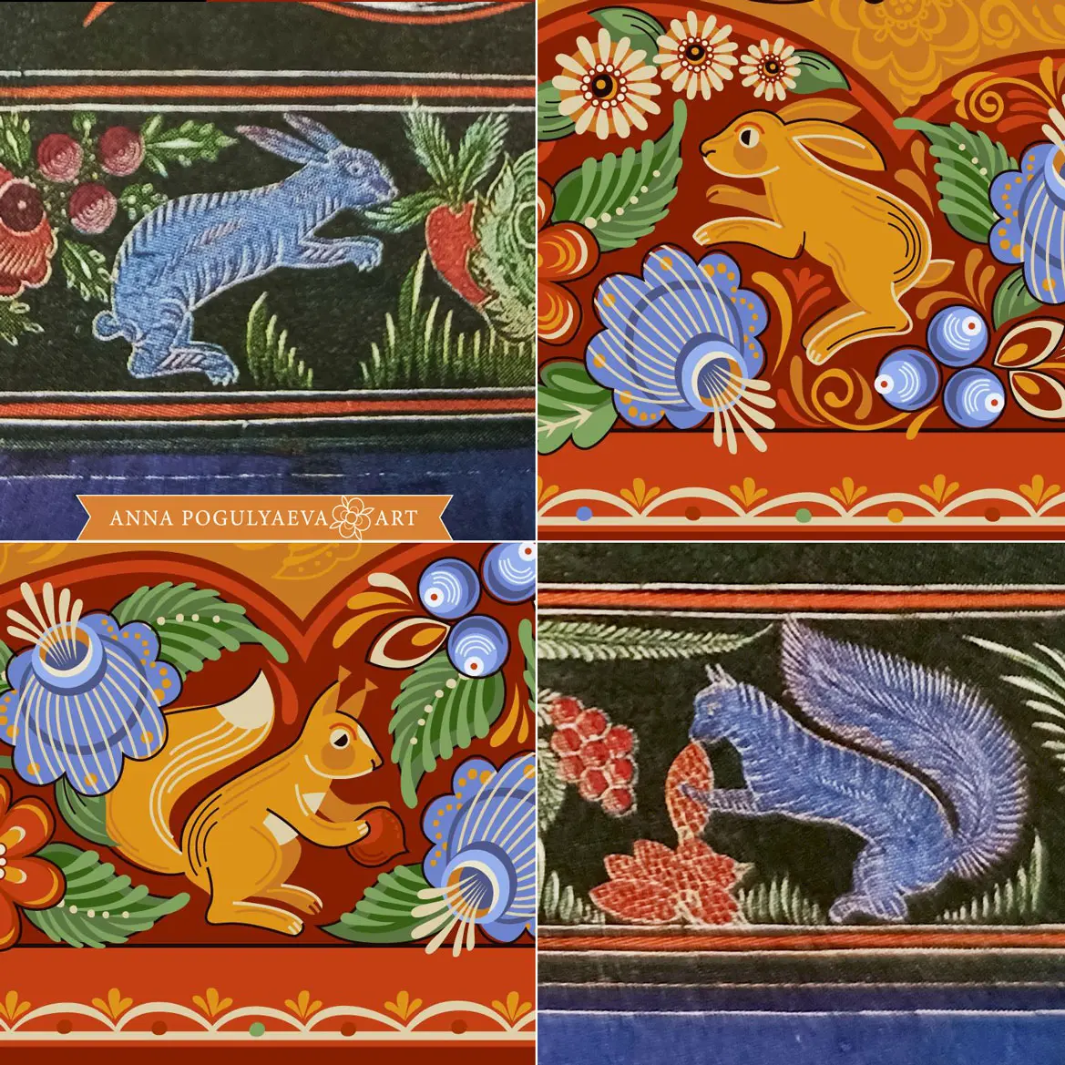 Звери в городецкой росписи. Векторная иллюстрация | Сетка — социальная сеть от hh.ru