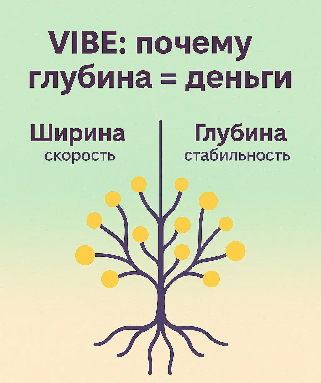 VIBE: почему глубина = деньги
В старом сетевом учили:
«Работай в ширину — Главное личники!», но в VIBE работает другая математика.
Ширина даёт скорость.
Глубина даёт стабильность | Сетка — социальная сеть от hh.ru