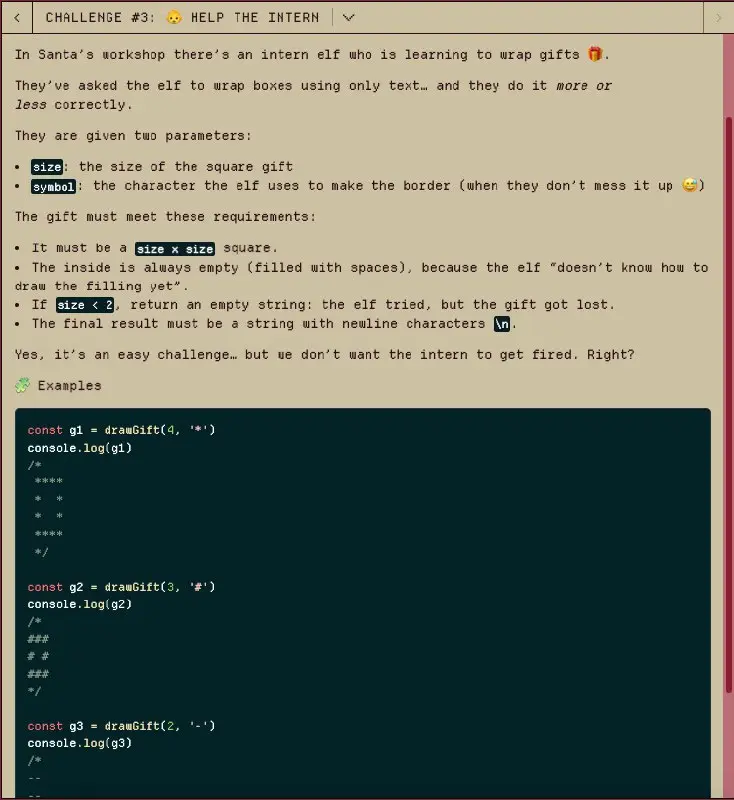 ❄️ Day Number Three.
Сегодня задача тоже простая, вспоминаем про метод repeat()
📕 https://developer.mozilla.org/en-US/docs/Web/JavaScript/Reference/GlobalObjects/String/repeat | Сетка — социальная сеть от hh.ru