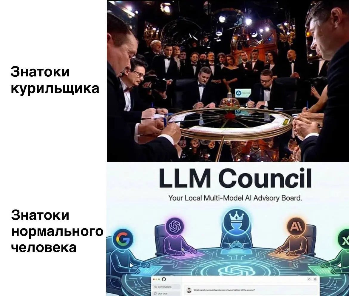 ЗнатокИИ, внимание, Вопрос!
Андрей Карпати (тот самый, бывший директор по ИИ в Tesla) сделал себе «совет знатоков», только из нейросетей. Он выкатил проект llm-council, в котором GPT-5 | Сетка — социальная сеть от hh.ru