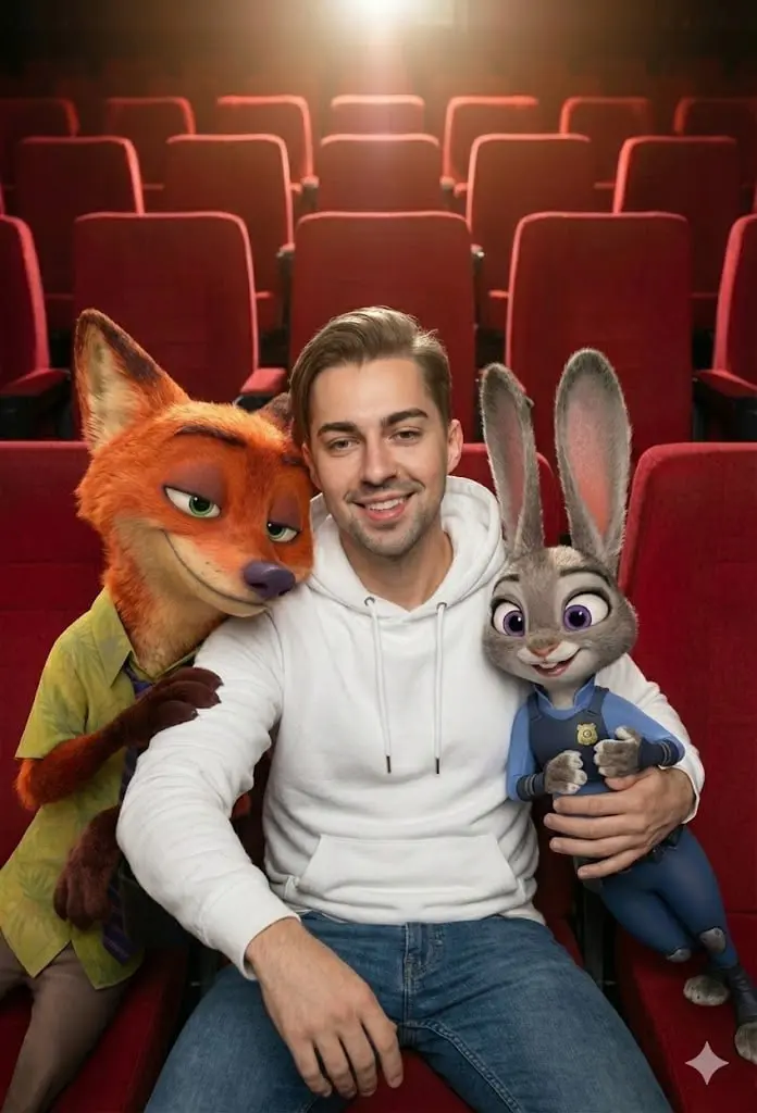 Не пропускаем актуальное — селфи с персонажами «Зверополиса 2»
Create a highly realistic image based on the reference composition: the person sits in the center of a movie theater seat, surrounded clo... | Сетка — социальная сеть от hh.ru