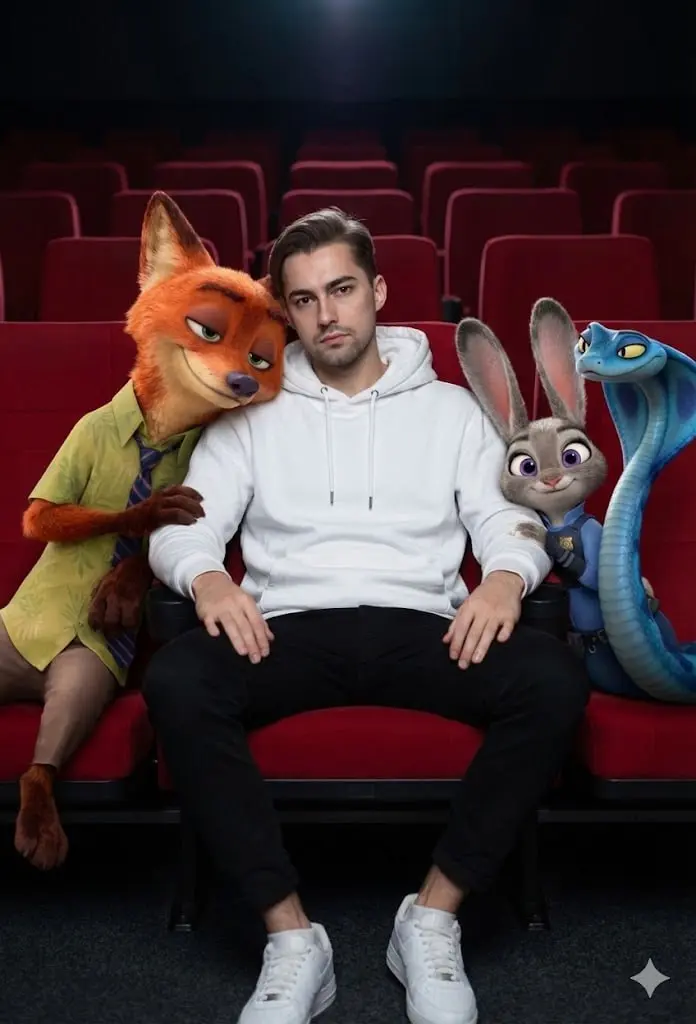 Не пропускаем актуальное — селфи с персонажами «Зверополиса 2»
Create a highly realistic image based on the reference composition: the person sits in the center of a movie theater seat, surrounded clo... | Сетка — социальная сеть от hh.ru