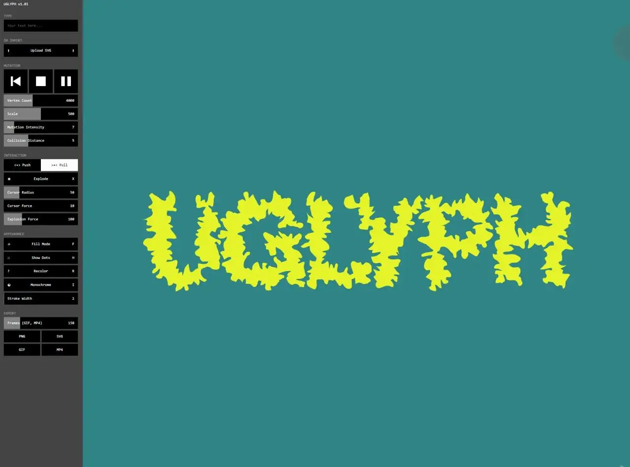 Uglyph. Браузерный инструмент, который превращает текст или SVG-графику в процедурные анимированные шейпы. Есть настройки для оформления и анимации объекта.
Доступен экспорт в PNG, SVG, GIF или MP4 | Сетка — социальная сеть от hh.ru