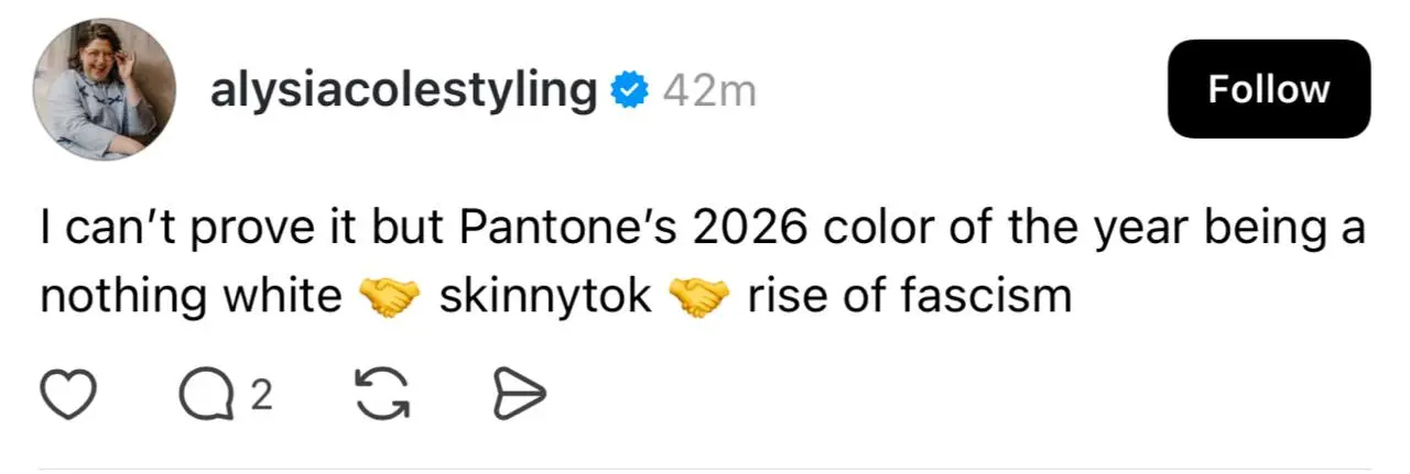 Pantone выбрал цвет 2026 года
Обычно я скипаю эту историю, поскольку все эти цвета года просто охуенный маркетинговый ход одной компании для продажи своих ебучих вееров | Сетка — социальная сеть от hh.ru