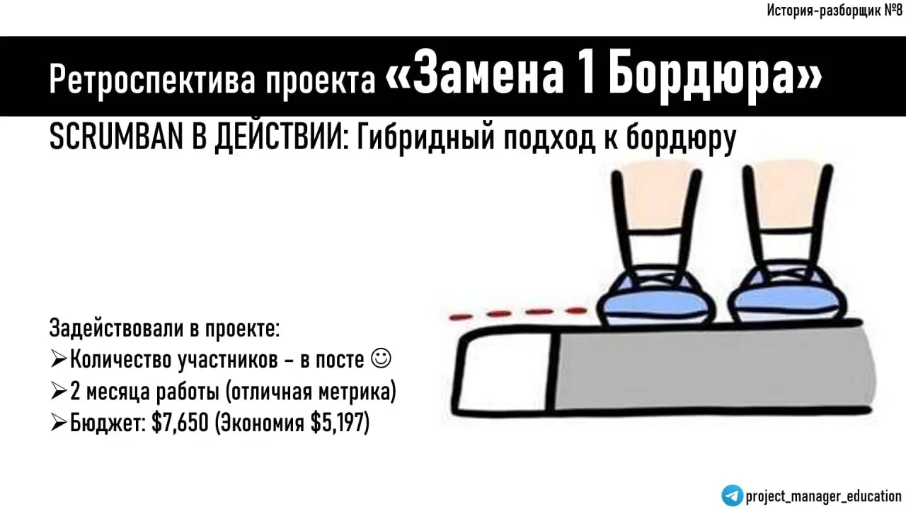 🔄 SCRUMBAN В ДЕЙСТВИИ: Гибридный подход к бордюру
Проект: Замена поврежденного бордюра (1 метр)
Команда: 47 человек → 12 человек (оптимальный баланс)
Бюджет: $12,847 → смотри в конце поста, удивишься ... | Сетка — социальная сеть от hh.ru