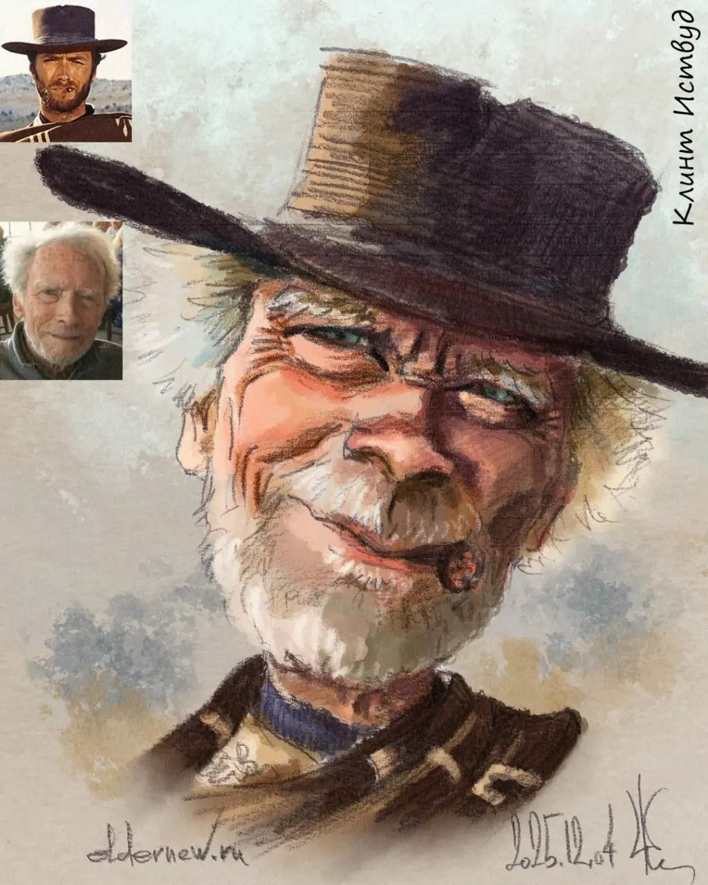 Попалась публикация с заголовком "Клинту Иствуду 100! Могучий старик!". Вспомнились вестерны с его участием... Тут же захотелось его изобразить😎. Нарисовал карандашом, раскрасил на компе | Сетка — социальная сеть от hh.ru