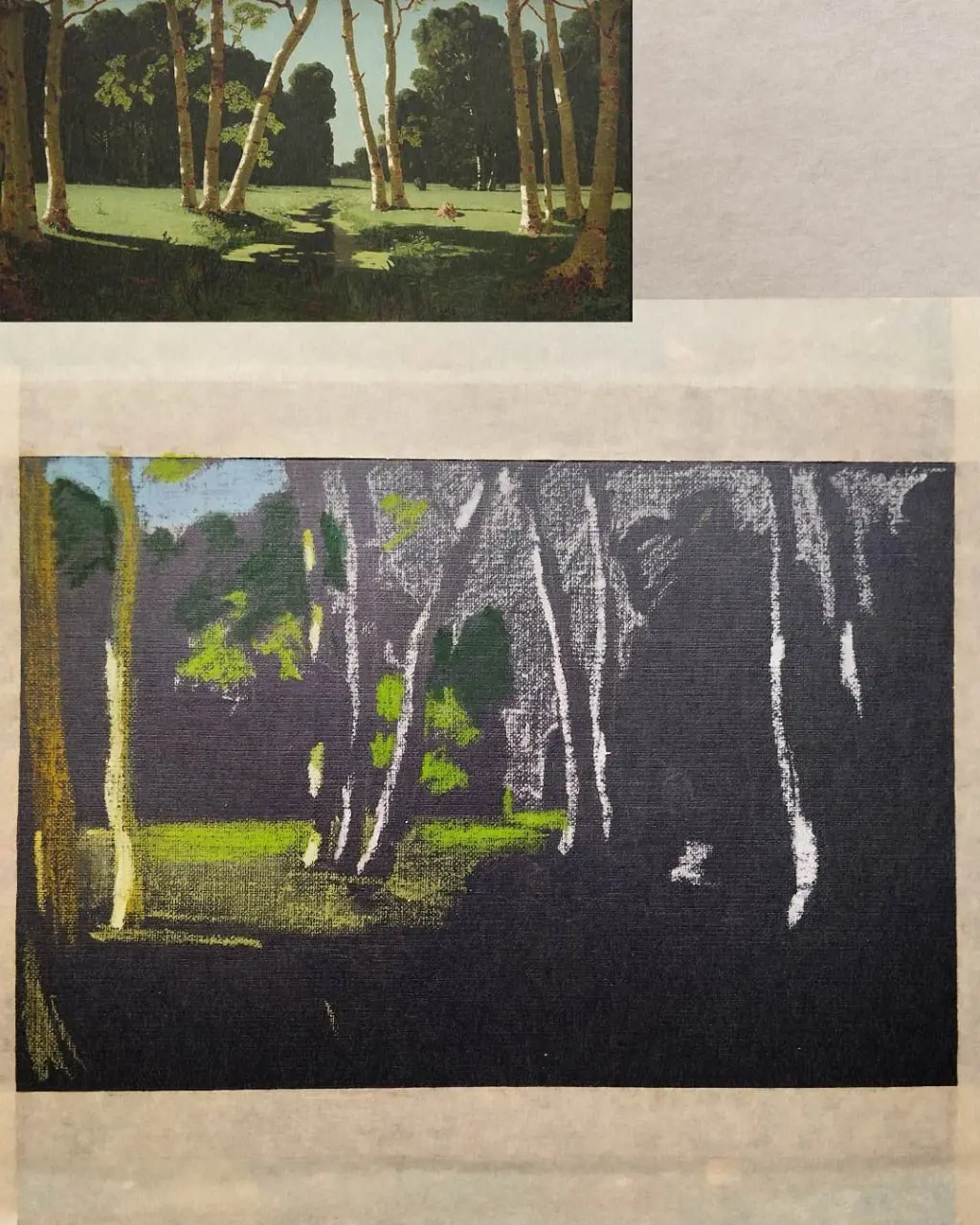 марафон «Рисуем каждый день» 7.0: Копии мастеров
Архип Куинджи. «Берёзовая роща». Холст, масло, 97×181 см. 1879 г.
Копия — масляная пастель, бумага для пастели тонированная, А4.
 | Сетка — социальная сеть от hh.ru