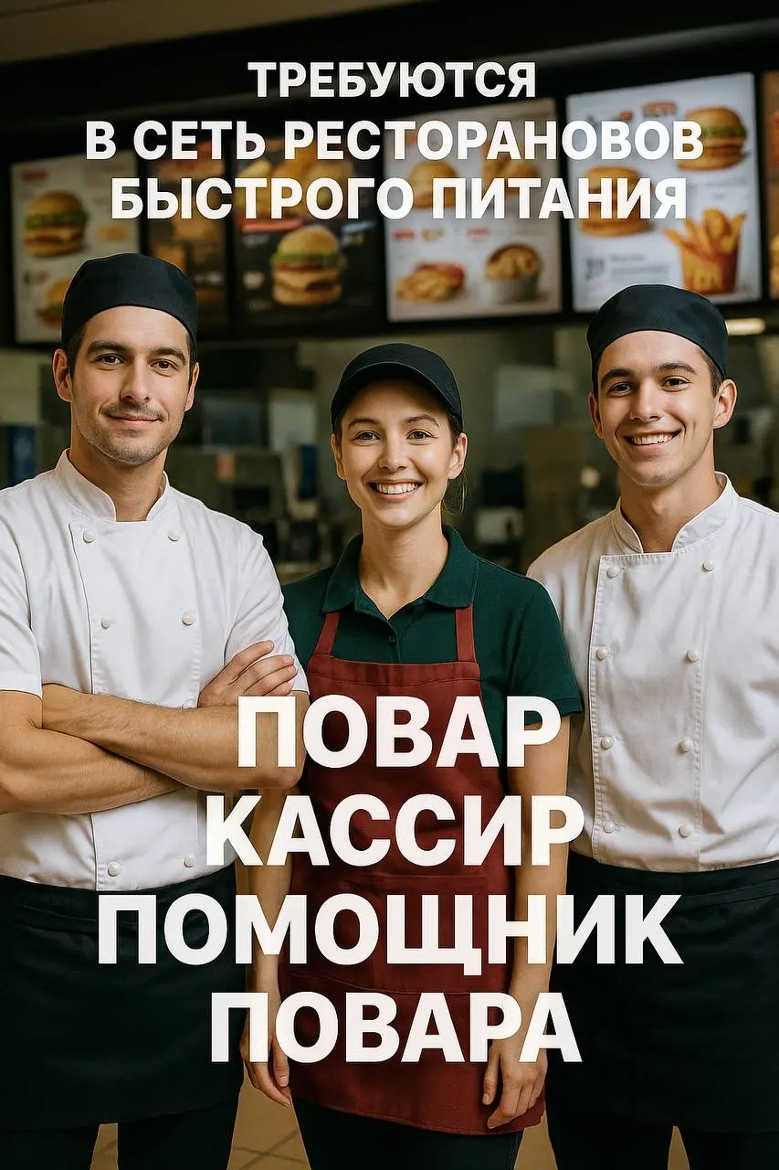 🍔 В сеть ресторанов быстрого питания требуются:
👨‍🍳 Повар
🙋‍♀️ Кассир
👨‍🍳 Помощник повара
💼 Условия:
• График на выбор: 2/2, 3/3, 5/2, 6/1
• Смены 4 / 8 / 10 / 12 часов — подберём индивидуально
• Возм... | Сетка — социальная сеть от hh.ru
