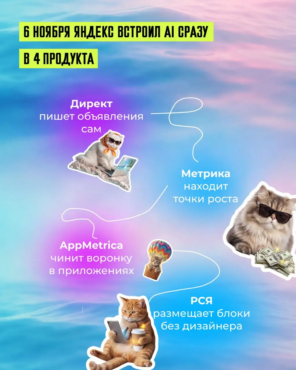🎉 Ваш контекстолог теперь в отпуске. Яндекс встроил AI во все рекламные сервисы
6 ноября Яндекс запустил AI сразу в четырех продуктах: Директ, Метрика, AppMetrica и РСЯ | Сетка — социальная сеть от hh.ru