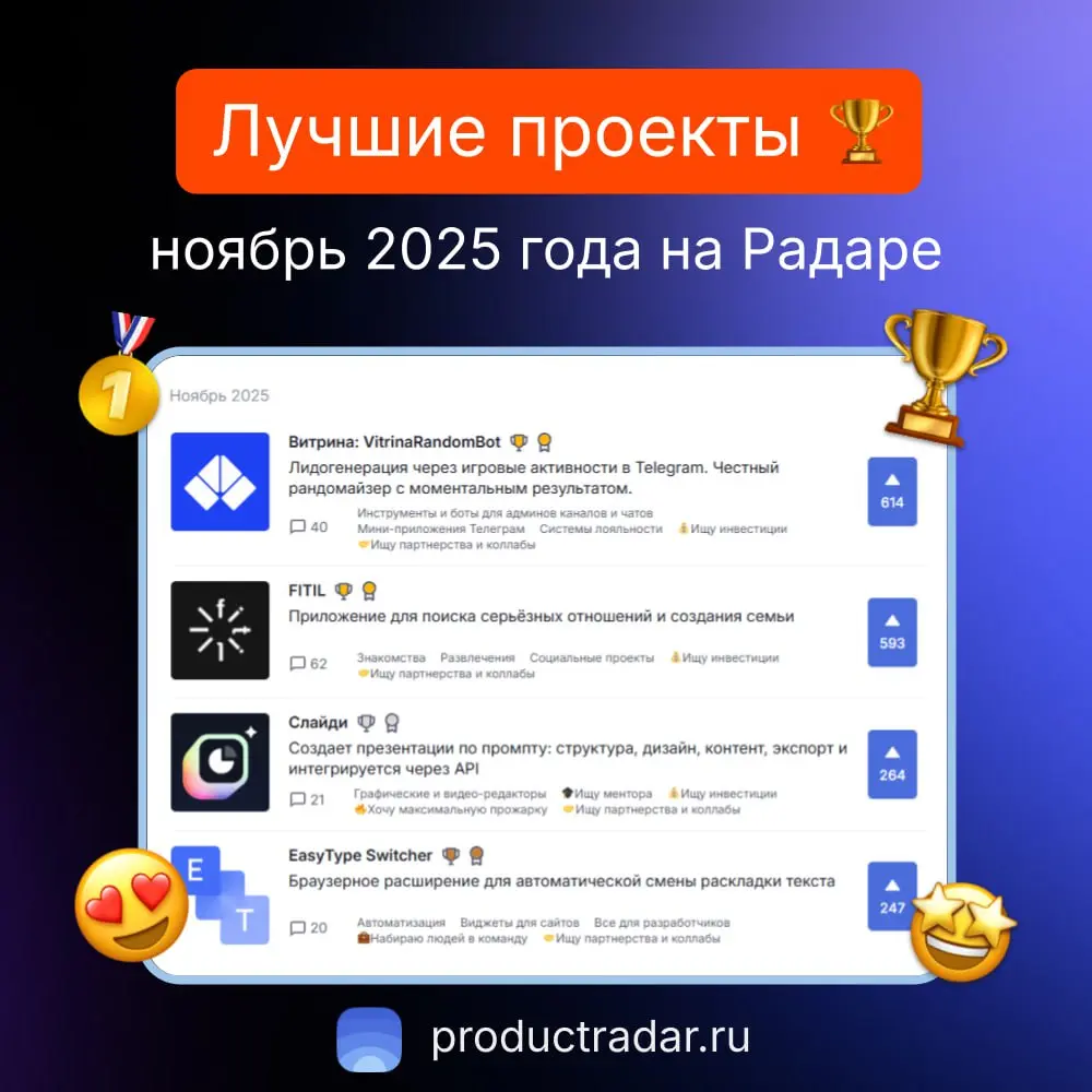 Лучшие проекты ноября 2025 на Радаре
🏆Продукт ноября №1 — Витрина: VitrinaRandomBot
Лидогенерация через игровые активности в Telegram. Честный рандомайзер с моментальным результатом | Сетка — социальная сеть от hh.ru