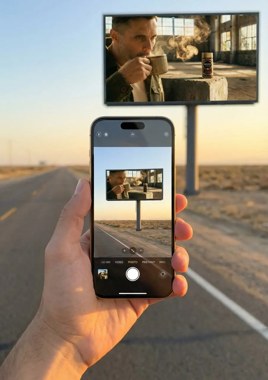 Пост - баннер для NESCAFE
Создаём атмосферу кинематографичного кадра, где в одной сцене задействуем сразу несколько изображений. Я взял референс своей фотографии, зашёл в Gemini 2 | Сетка — социальная сеть от hh.ru