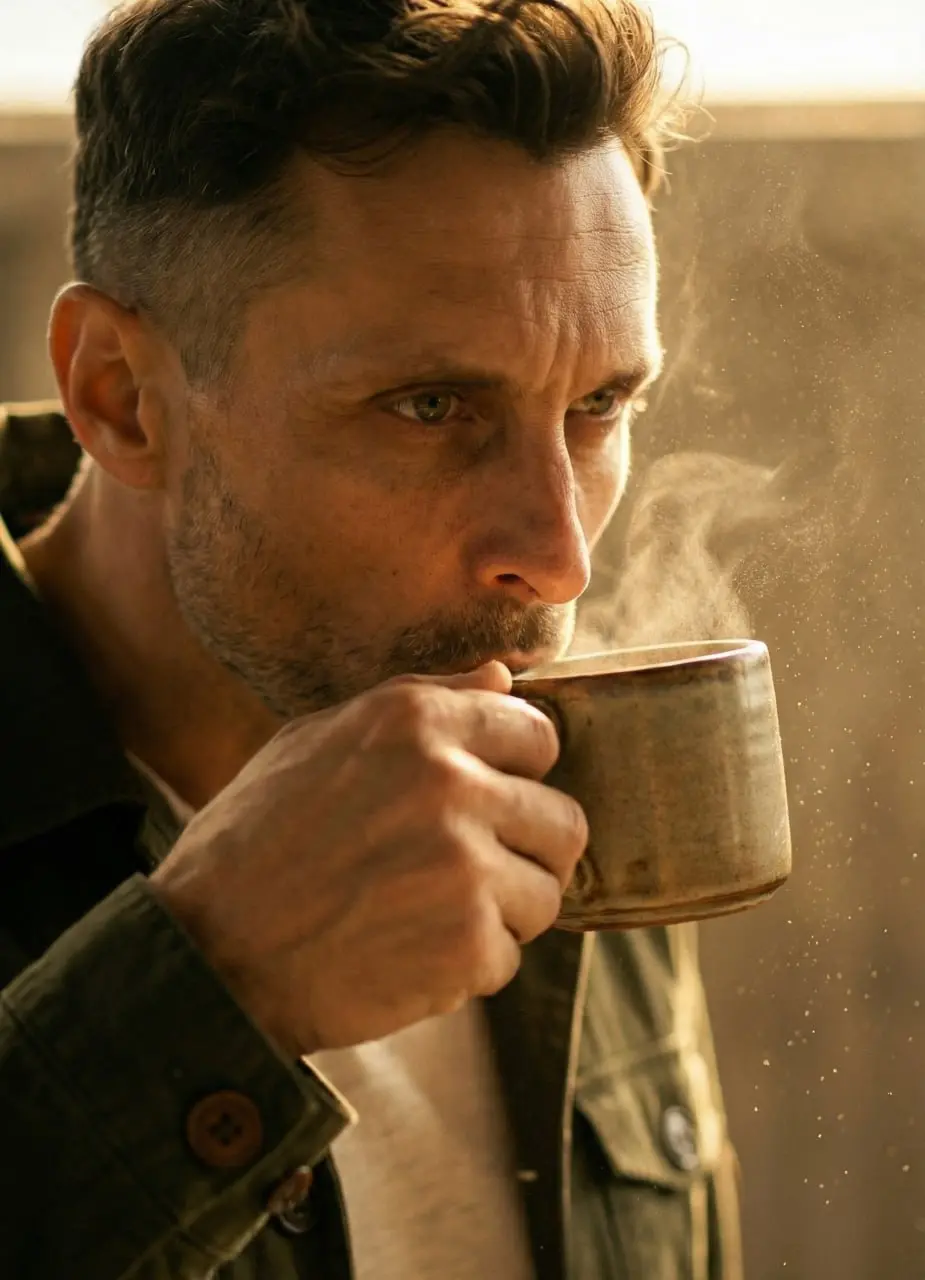 Пост - баннер для NESCAFE
Создаём атмосферу кинематографичного кадра, где в одной сцене задействуем сразу несколько изображений. Я взял референс своей фотографии, зашёл в Gemini 2 | Сетка — социальная сеть от hh.ru