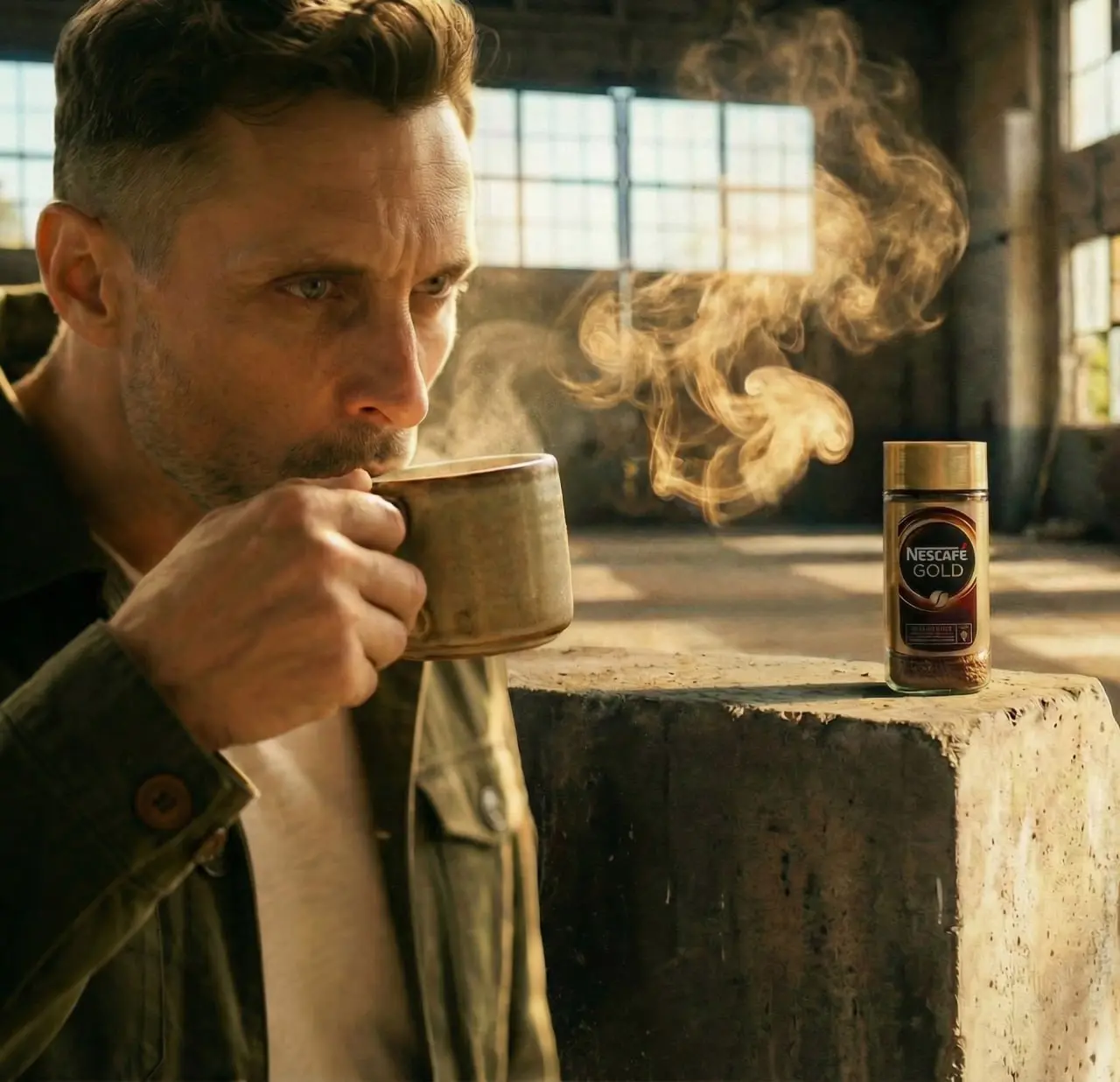 Пост - баннер для NESCAFE
Создаём атмосферу кинематографичного кадра, где в одной сцене задействуем сразу несколько изображений. Я взял референс своей фотографии, зашёл в Gemini 2 | Сетка — социальная сеть от hh.ru