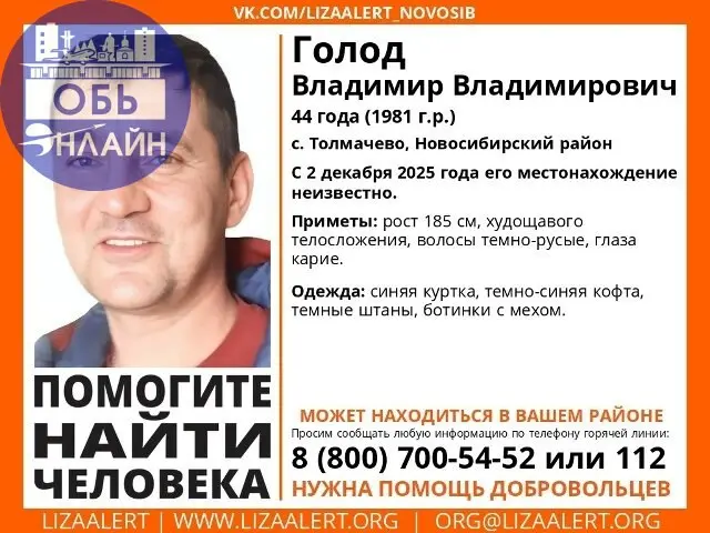 ↗ Внимание! Помогите найти человека!
Пропал #Голод Владимир Владимирович, 44 года, с. Толмачево, Новосибирский район. С 2 декабря 2025 года его местонахождение неизвестно | Сетка — социальная сеть от hh.ru