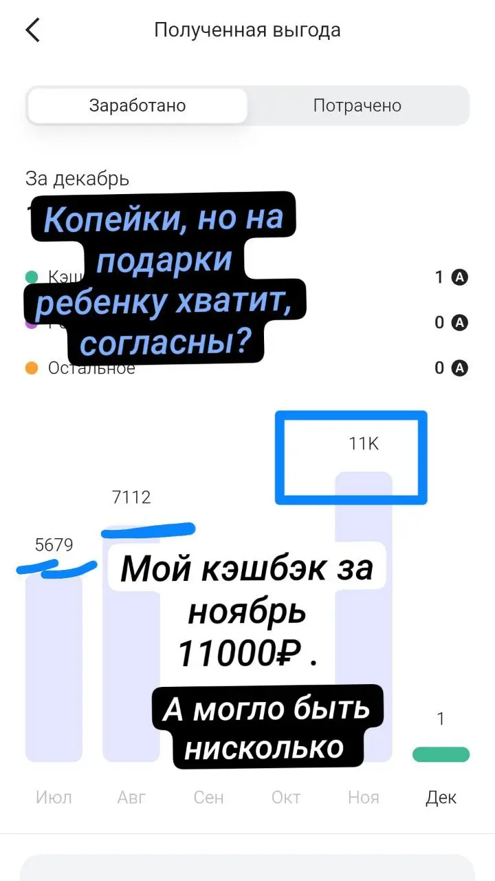 Доброе утро❤️
Решила похвастаться своим кэшбэком за ноябрь.
💰11000₽ я выведу на карту 10 декабря и буду тратить на новогодние подарки для дочки | Сетка — социальная сеть от hh.ru