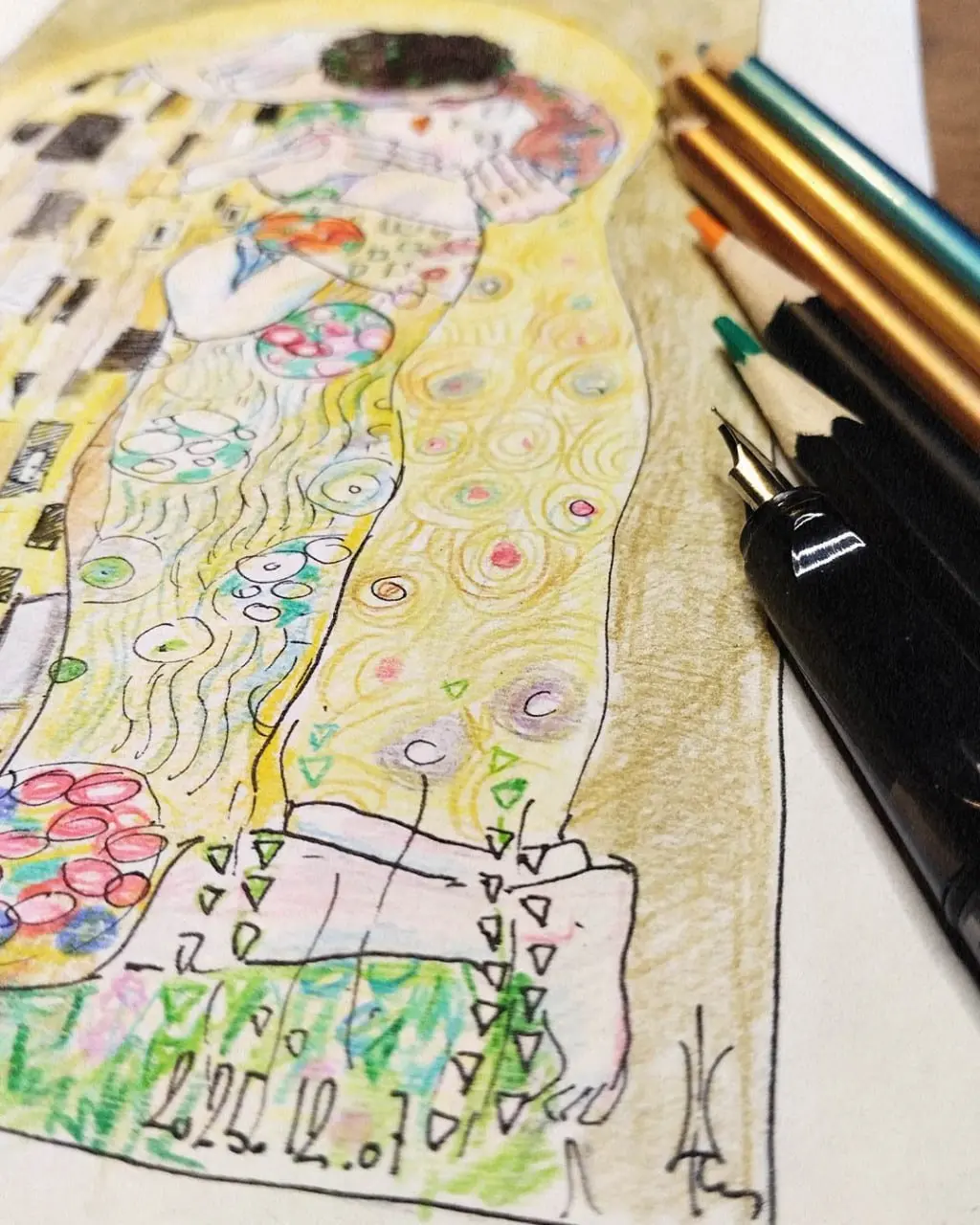 марафон «Рисуем каждый день» 7.0: Копии мастеров
Густав Климт. «Поцелуй». Холст, масло. 180x180 см. 1908-1909 г.
Копия — ручка чернильная, цветные карандаши, бумага, А5.
 | Сетка — социальная сеть от hh.ru