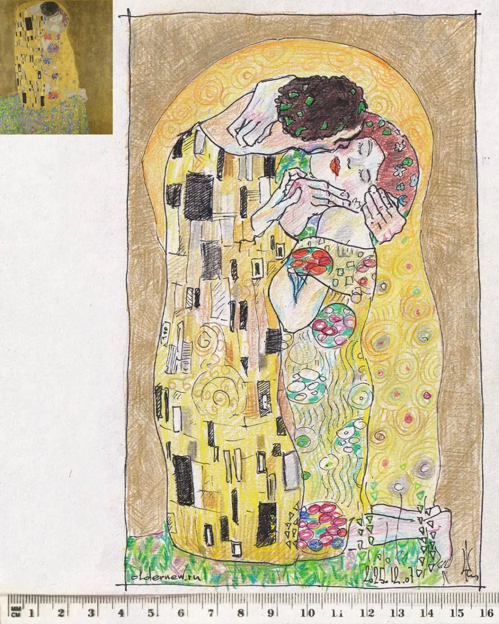 марафон «Рисуем каждый день» 7.0: Копии мастеров
Густав Климт. «Поцелуй». Холст, масло. 180x180 см. 1908-1909 г.
Копия — ручка чернильная, цветные карандаши, бумага, А5.
 | Сетка — социальная сеть от hh.ru