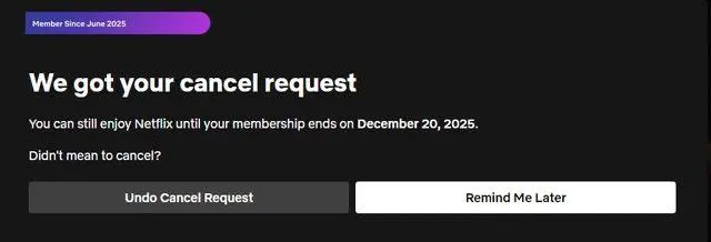 Netflix и темный паттерн отписки
После успешной отмены подписки, Netflix предлагает либо отменить запрос на отмену, либо согласиться на то, чтобы вам напомнили включить подписку позже | Сетка — социальная сеть от hh.ru