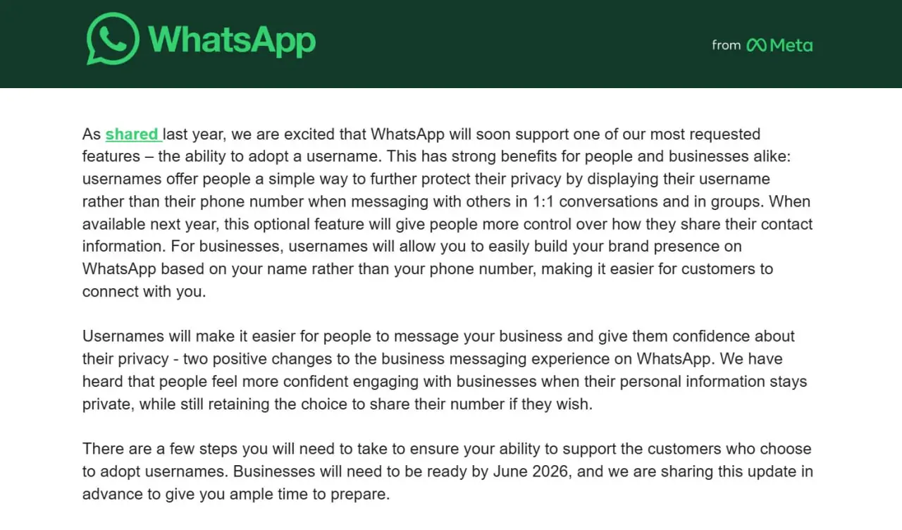 WhatsApp начал рассылать письма, в которых анонсирует появление одной из наших востребованных (по их мнению) функций — возможность использовать имя пользователя | Сетка — социальная сеть от hh.ru