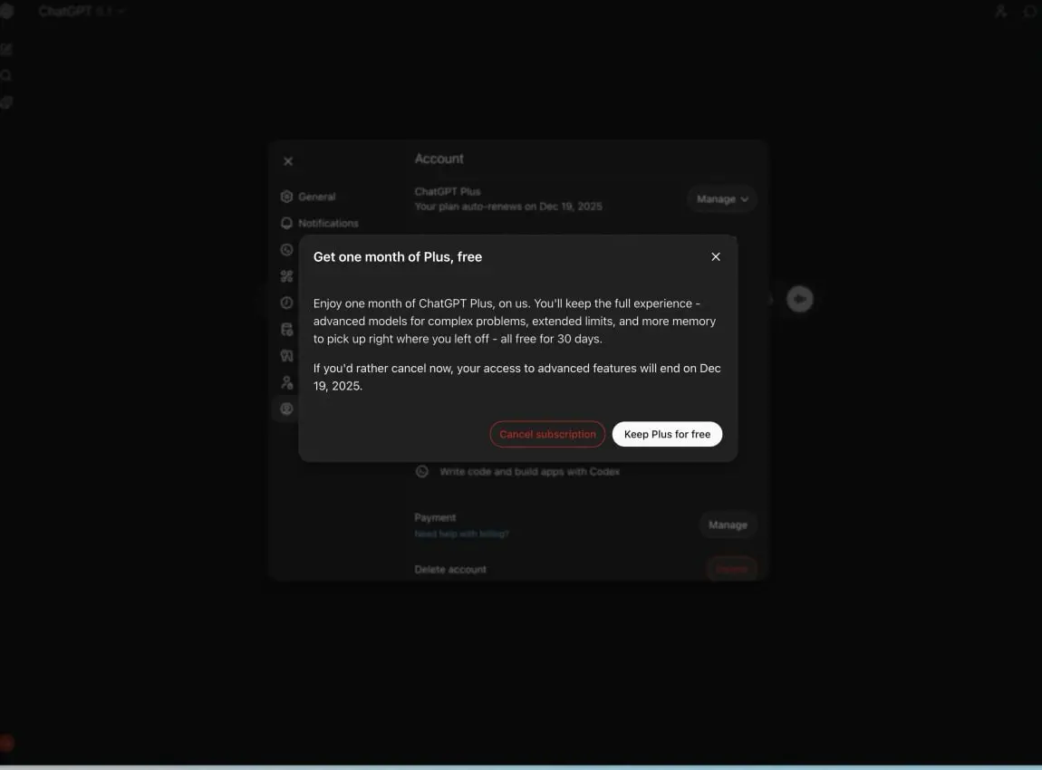 OpenAI запустила программу удержания клиентов: тем, кто решит отменить подписку ChatGPT Plus, компания дарит дополнительный бесплатный месяц доступа после окончания оплаченного периода | Сетка — социальная сеть от hh.ru