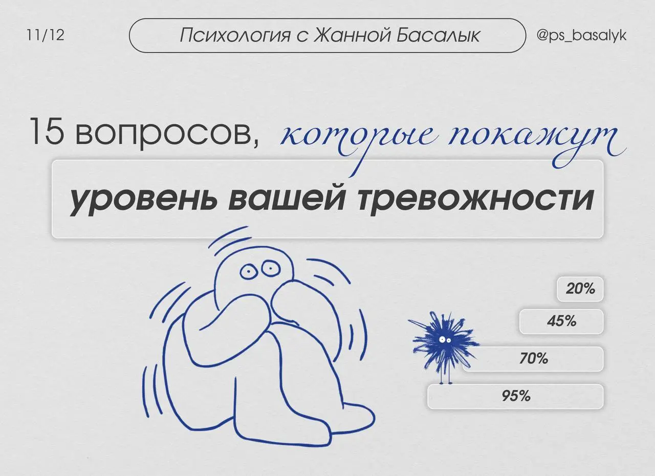 Тест: сколько в вас процентов тревожности?
— этот короткий тест поможет понять: насколько тревожность управляет вашей жизнью сейчас, 10%, 50% или все 90%
Отвечайте интуитивно — как есть | Сетка — социальная сеть от hh.ru