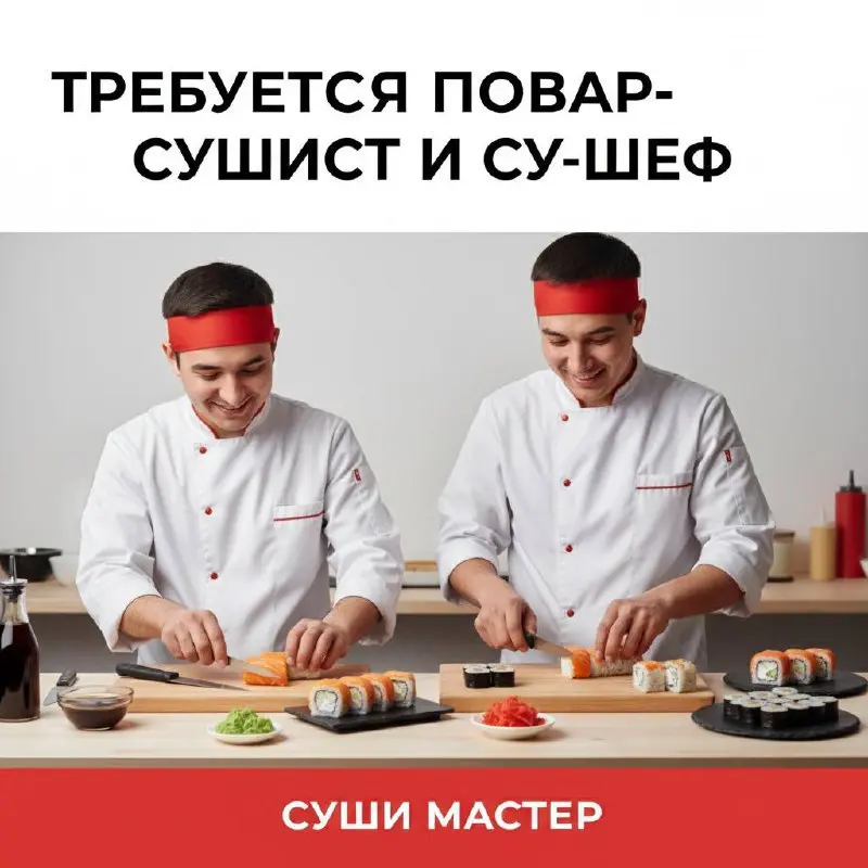 🔥 Ищем в команду «Суши Мастер»:
Су-шефа и Повара-сушиста🔥
🍣 Су-шеф
Идеально для того, кто уже уверенно ведёт кухню.
• Требуется: опыт от 6 месяцев су‑шефом, уверенное знание японской кухни, медкнижка | Сетка — социальная сеть от hh.ru