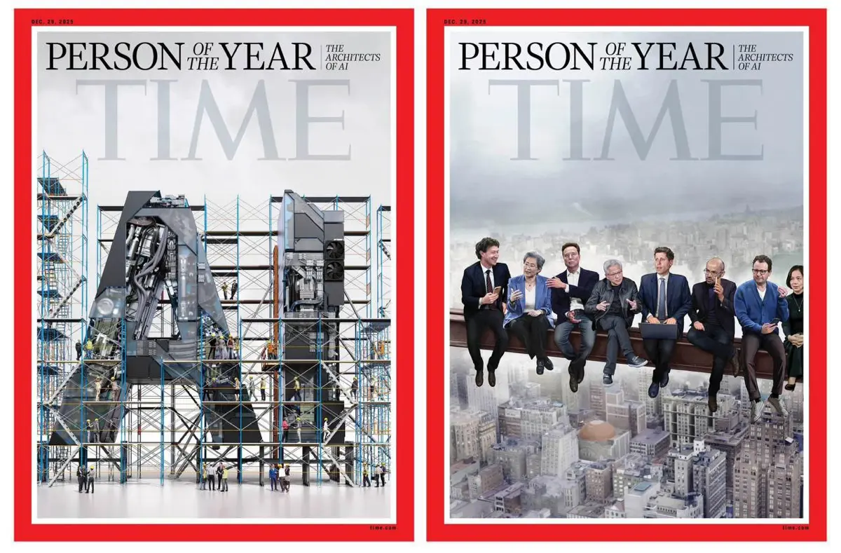 Time назвал «людьми года» руководителей, формирующих будущее искусственного интеллекта
Обложка отсылает к «Обеду на небоскрёбе»: на стальной балке изображены Марк Цукерберг, Лиза Су, Илон Маск, Дженсе... | Сетка — социальная сеть от hh.ru