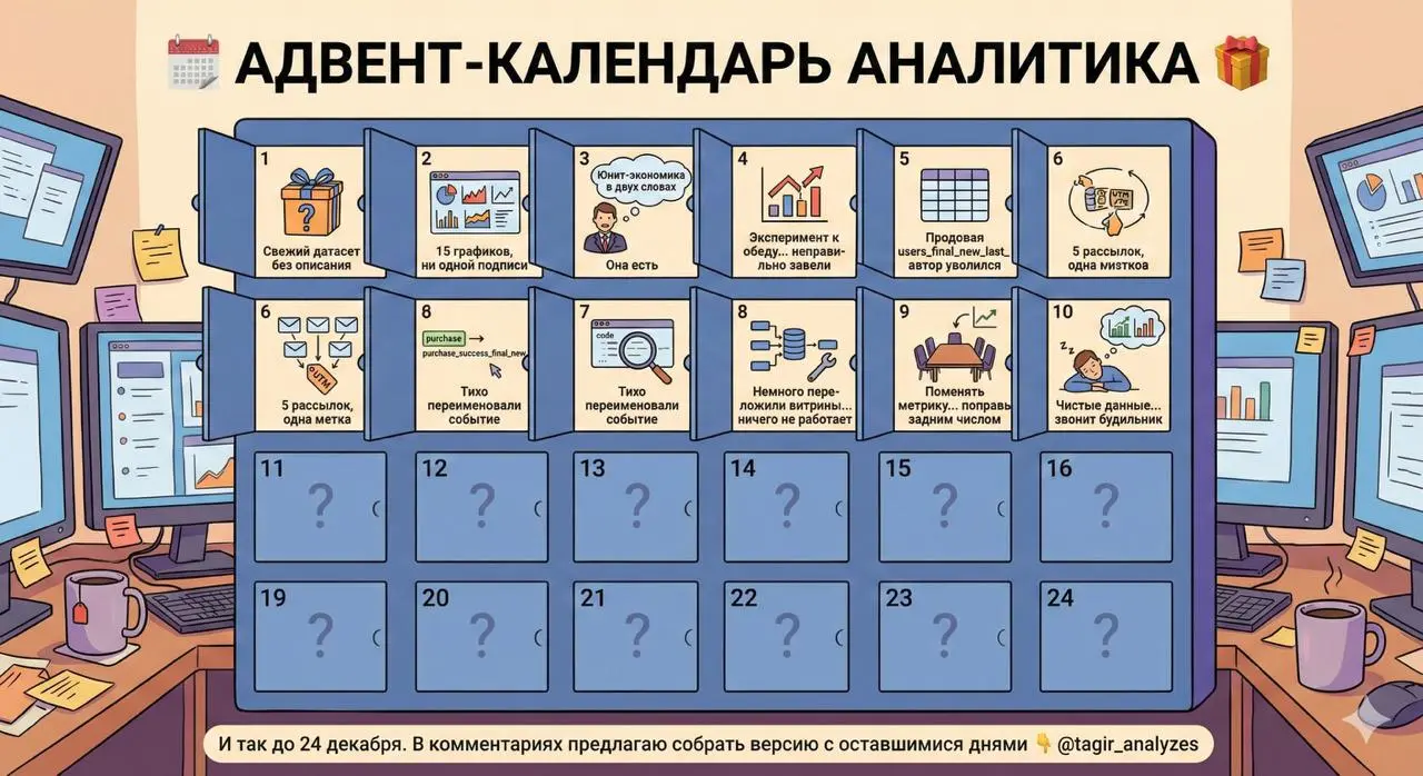 🗓 Адвент‑календарь аналитика
Знакомые с работой рассказывают, в каком горящем формате они работают в декабре – все будто с ума посходили
Решил пофантазировать и собрать адвент календарь типичного анал... | Сетка — социальная сеть от hh.ru