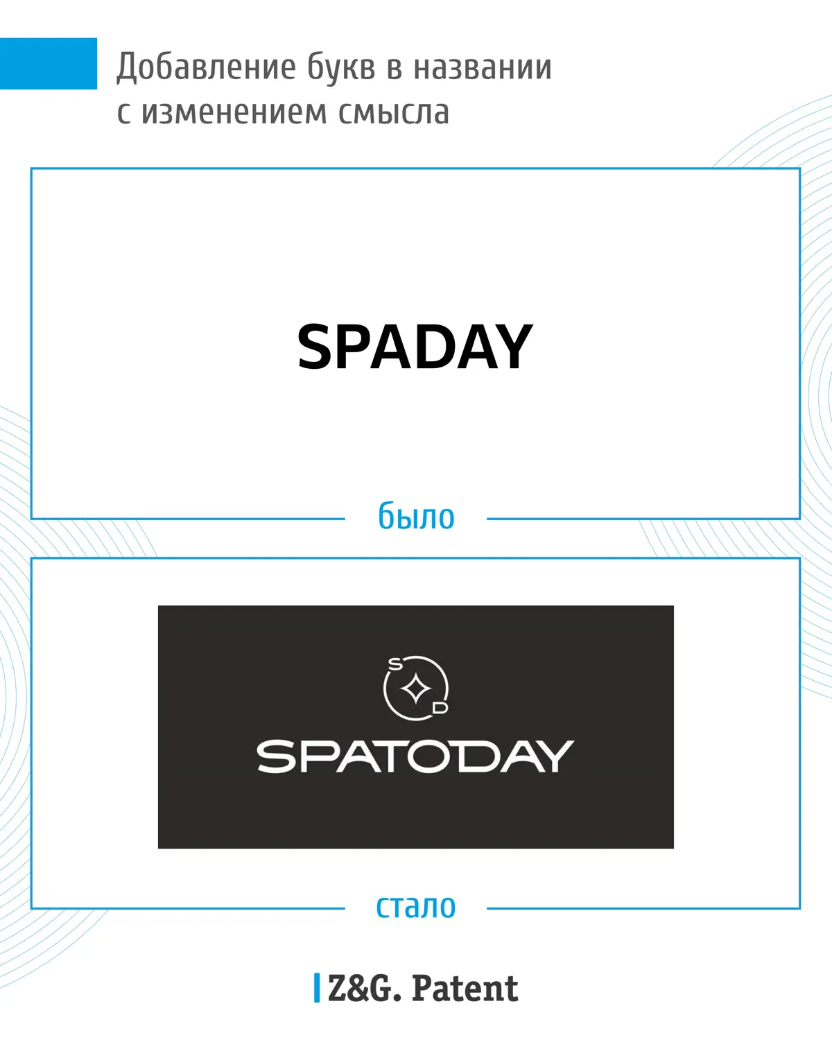 ⚡️ Сравниваем: название компании «SPATODAY» до и после доработки специалистов Z&G.Patent
Клиент обратился за регистрацией товарного знака «SPADAY» | Сетка — социальная сеть от hh.ru