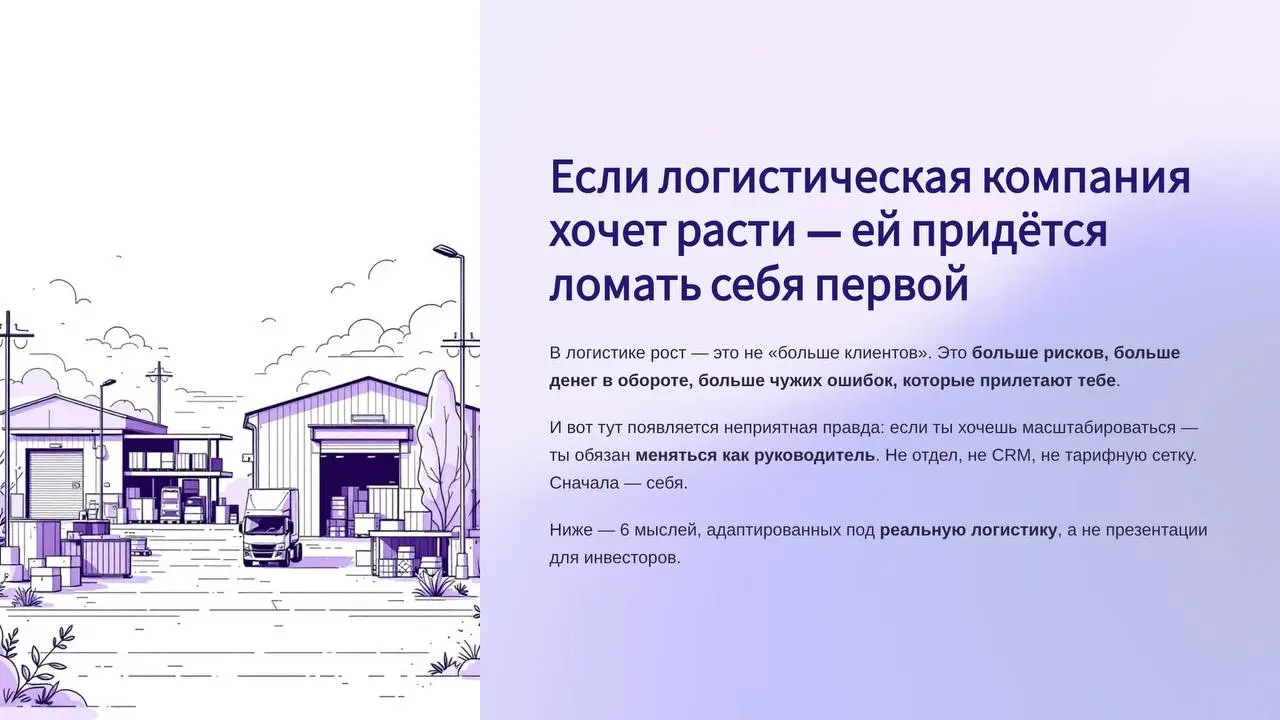 🚚 Если логистическая компания хочет расти — ей придётся ломать себя
В логистике рост — это не «больше клиентов».
Это больше рисков, больше денег в обороте, больше чужих ошибок, которые прилетают тебе | Сетка — социальная сеть от hh.ru
