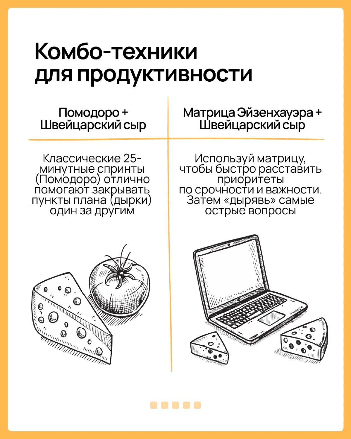 Наливай чайку, бери бутерброды и го разбираться в Методе швейцарского сыра. Будет вкусно и полезно для твоего тайм-менеджмента
Больше об управлении проектами, командой и собой читай в WEEEK | Сетка — социальная сеть от hh.ru