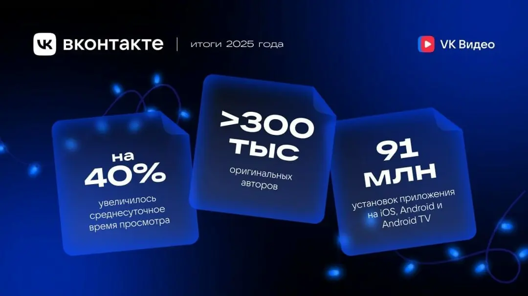 📺 VK Видео подводит итоги 2025 года
Аудитория:
🔵На первой неделе декабря ежедневная аудитория превысила 40 млн человек.
🔵Ежемесячная аудитория в ноябре составила 77 млн пользователей | Сетка — социальная сеть от hh.ru