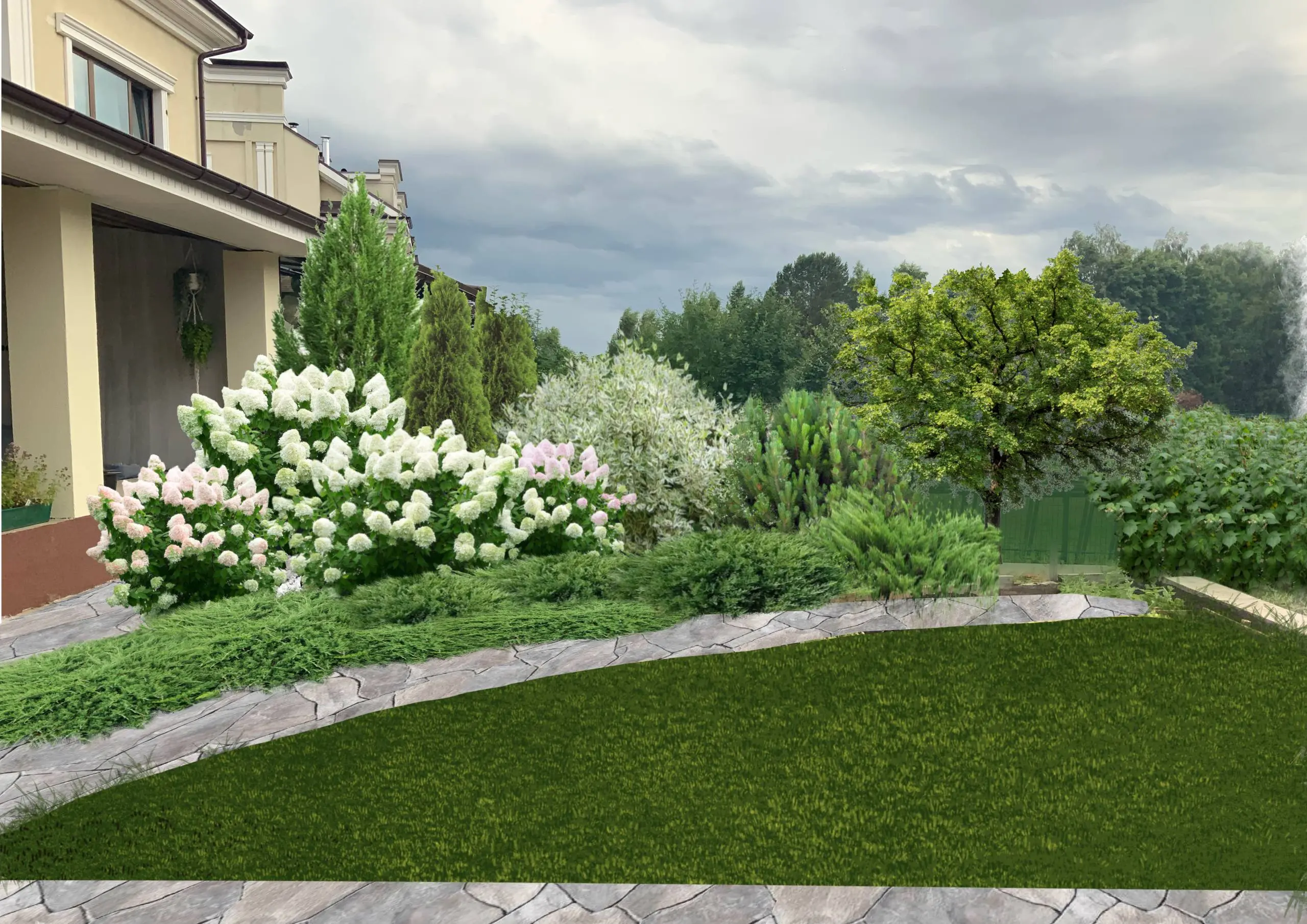 Визуализация одной из зон сада в нескольких вариантах: скетч в Procreate и фотореалистичные визуализации композиции в разные сезоны.
Это видовая точка обзор на которую открывается с двух сторон | Сетка — социальная сеть от hh.ru