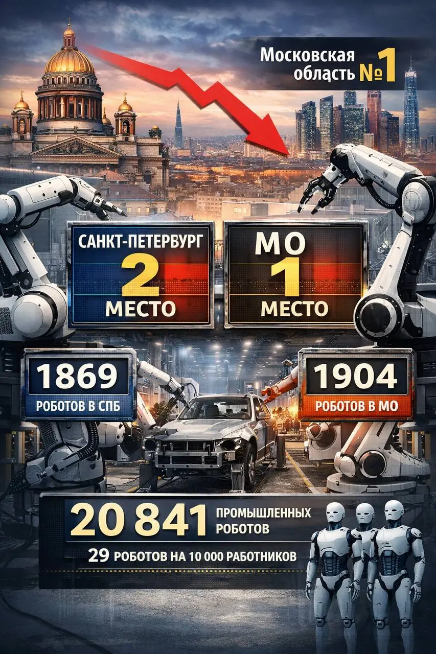 📉 Санкт-Петербург потерял лидерство по роботизации среди регионов России  
Санкт-Петербург опустился на 2-е место по уровню роботизации производства, уступив первенство Московской области | Сетка — социальная сеть от hh.ru