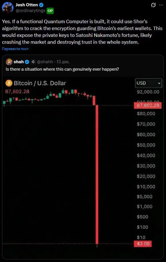 💵 Биткоин улетит на $3, если кошельки Сатоши взломают
В X сейчас обсуждают, что будет с биткоином, если квантовый компьютер сможет взломать кошельки Сатоши Накамото | Сетка — социальная сеть от hh.ru