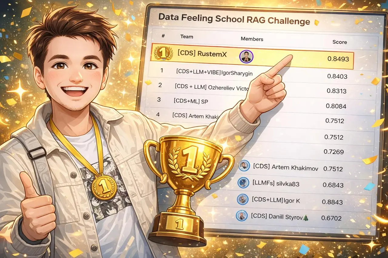 Привет, Чемпионы! 🏆
Наш RAG-чемпионат на Kaggle продолжается!

60 вступивших, 15 появились на Лидерборде
отправлено уже более 350 сабмитов
пробит порог 0.84 по метрике соревнования

🎥 В эту пятницу 19 | Сетка — социальная сеть от hh.ru