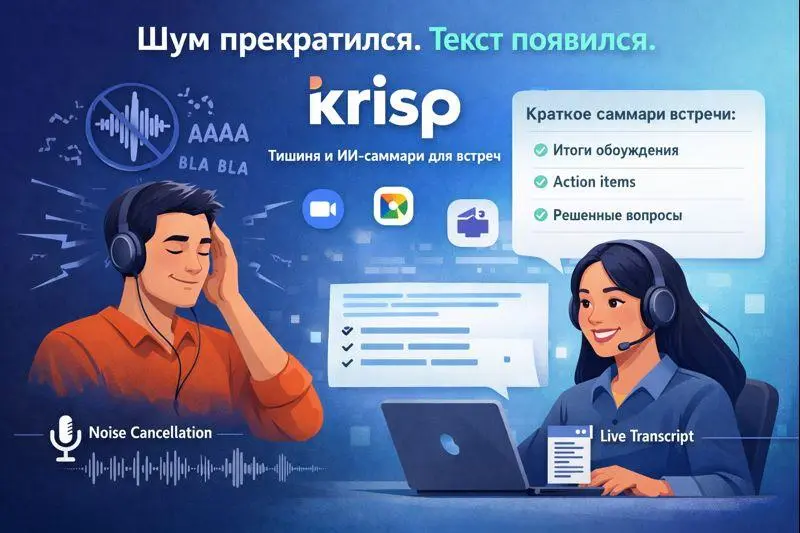 Krisp: тишина на звонках, плюс ИИ-саммари
TL;DR: Krisp чистит шум и чужие голоса на встречах, делает транскрипт и краткое резюме | Сетка — социальная сеть от hh.ru