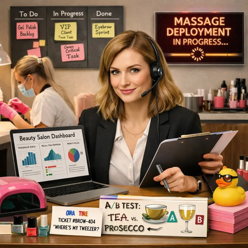 Полгода ищу работу продактом. На днях ходила на собес администратором в салон красоты, вести бэклог ноготочков и проводить А/Б тесты с чаем и просекко для ожидающих клиентов 💅  
Такова реальность | Сетка — социальная сеть от hh.ru