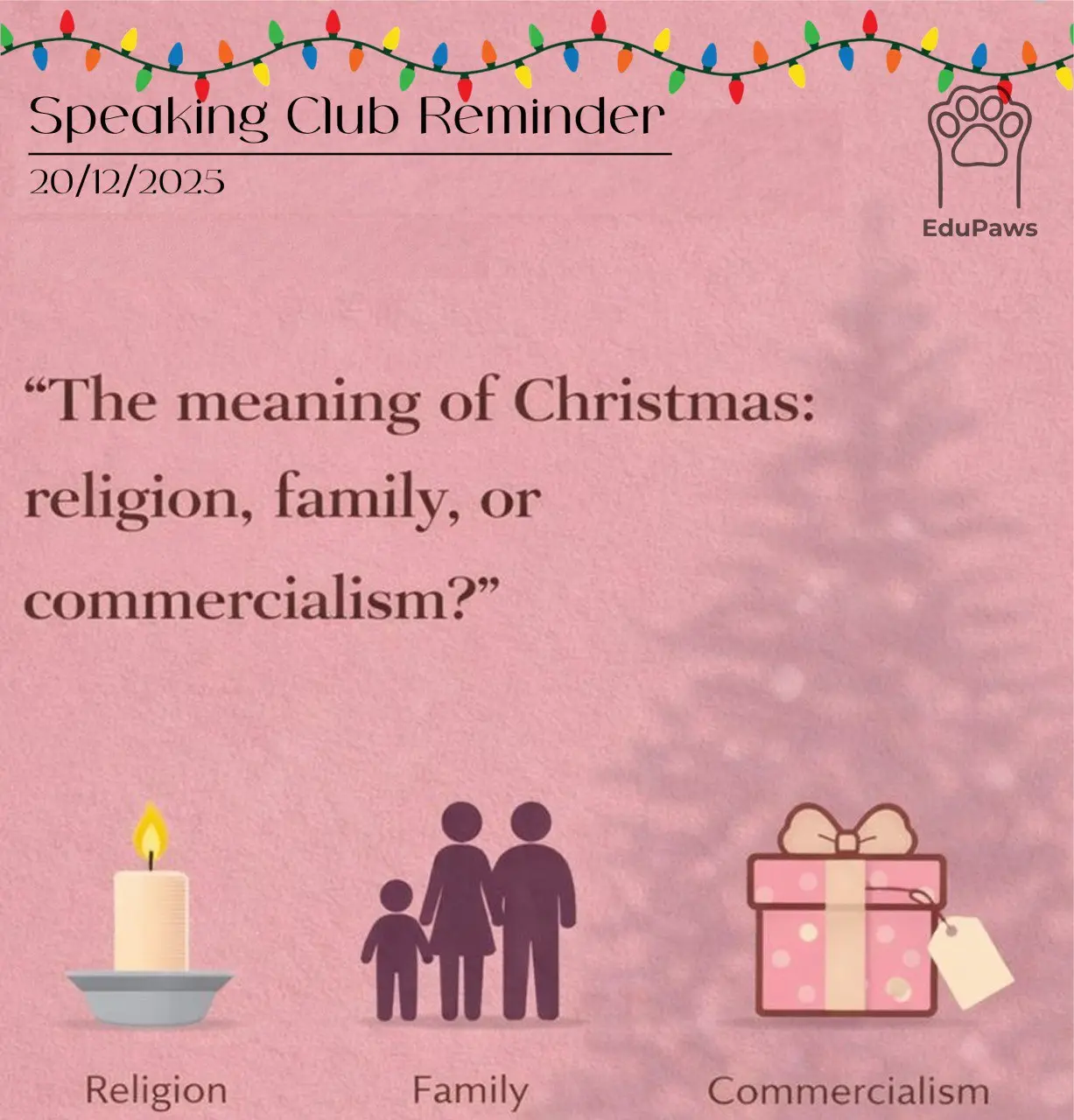 ✨ SPEAKING CLUB REMINDER: “The meaning of Christmas: religion, family, or commercialism?”
Почему для одних Рождество — глубокий духовный смысл, а для других — время отдыха, уюта и покупок?
Предлагаем ... | Сетка — социальная сеть от hh.ru