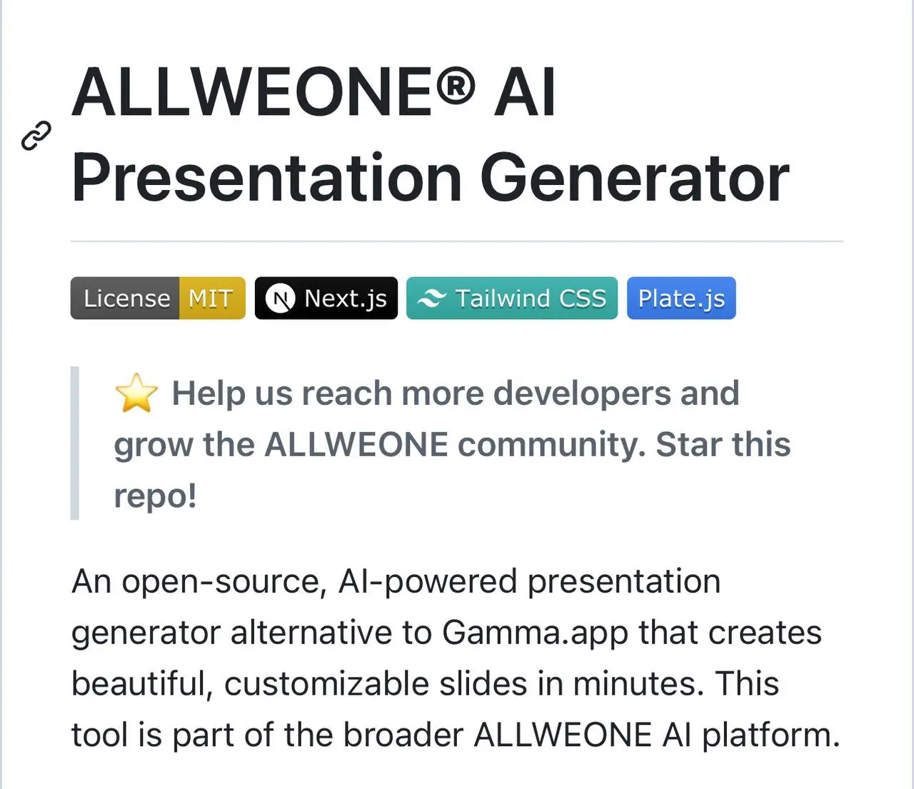 ALLWEONE
ALLWEONE — это ИИ-генератор презентаций, который позволяет быстро создавать настраиваемые слайды | Сетка — социальная сеть от hh.ru