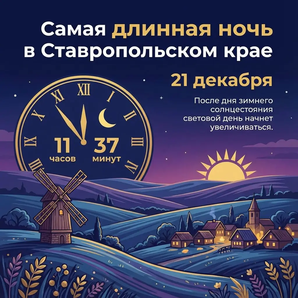 Самая длинная ночь в Ставропольском крае будет 21 декабря — она продлится 11 часов 37 минут
После дня зимнего солнцестояния световой день начнет увеличиваться. | Сетка — социальная сеть от hh.ru