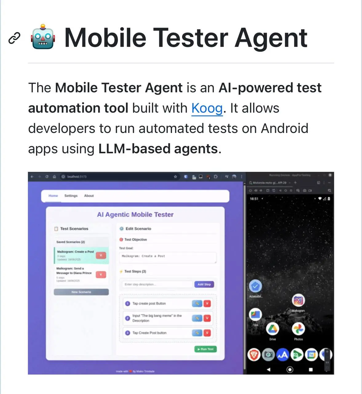 Mobile Tester Agent
Mobile Tester Agent — это мощный инструмент для автоматизации тестирования мобильных Android-приложений, использующий технологии ИИ | Сетка — социальная сеть от hh.ru