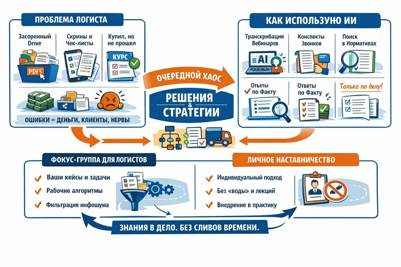 От «кладбища» логистических чек-листов
к системе, которая реально работает в перевозках
В логистике сейчас не дефицит знаний.
В логистике — переизбыток мусора под видом полезной информации | Сетка — социальная сеть от hh.ru