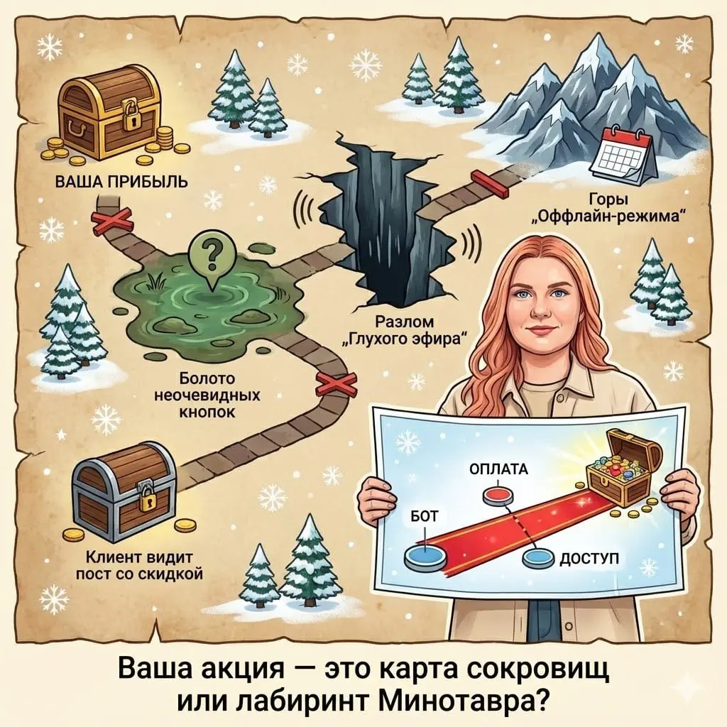 🎁 Скидки есть, маршрута нет
Новогодняя акция глазами клиента:
— «О, скидка»
— «Куда нажать?»
— «Оплатил… а дальше что?»
— «Написал — ответят после праздников»
Поздравляю. Вы не сделали акцию | Сетка — социальная сеть от hh.ru