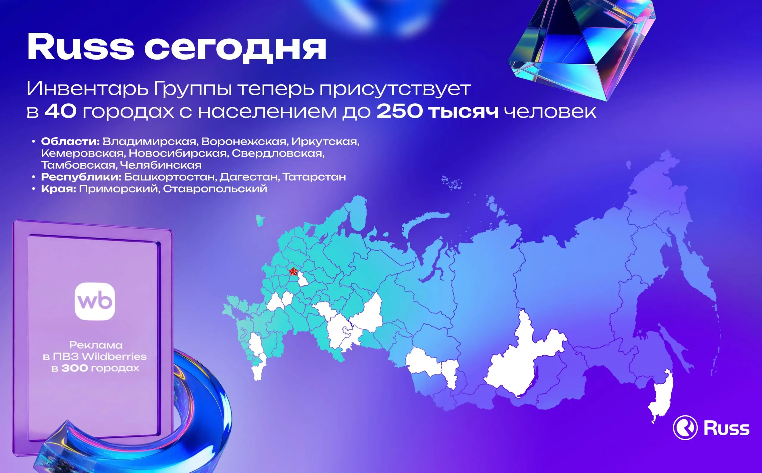 Russ расширяет присутствие в городах с населением до 250 тысяч человек
🚩 Теперь инвентарь Группы присутствует в 40 населенных пунктах такого типа | Сетка — социальная сеть от hh.ru