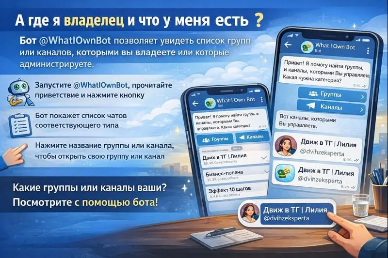 ✅Где я владелец? и что я имею?
Часто спрашивают: "я не могу понять сколько у меня чатов/ каналов , которые я создал(а) в Телеграм"
Можно этот вопрос решить с помощью бота помощника | Сетка — социальная сеть от hh.ru