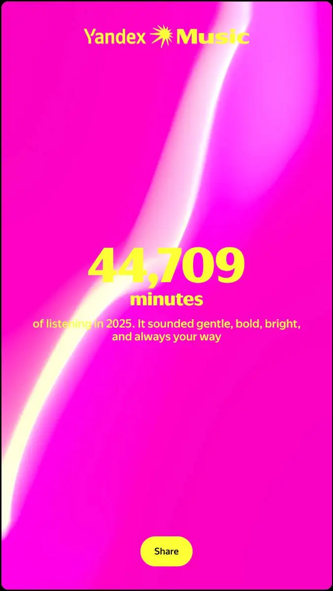 Итоги года. Yandex Music.
тот сервис, благодаря которому я погружаюсь в код.
44 тысячи минут - это 4 недели 2 дня 13 часов и 20 минут!
#wrapped2025
@haradkousdet | Сетка — социальная сеть от hh.ru